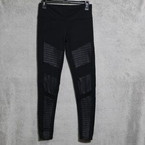 ALO Yoga Pants Womens Small Black Moto Leggings Ribbed Panel Glossy Activewear